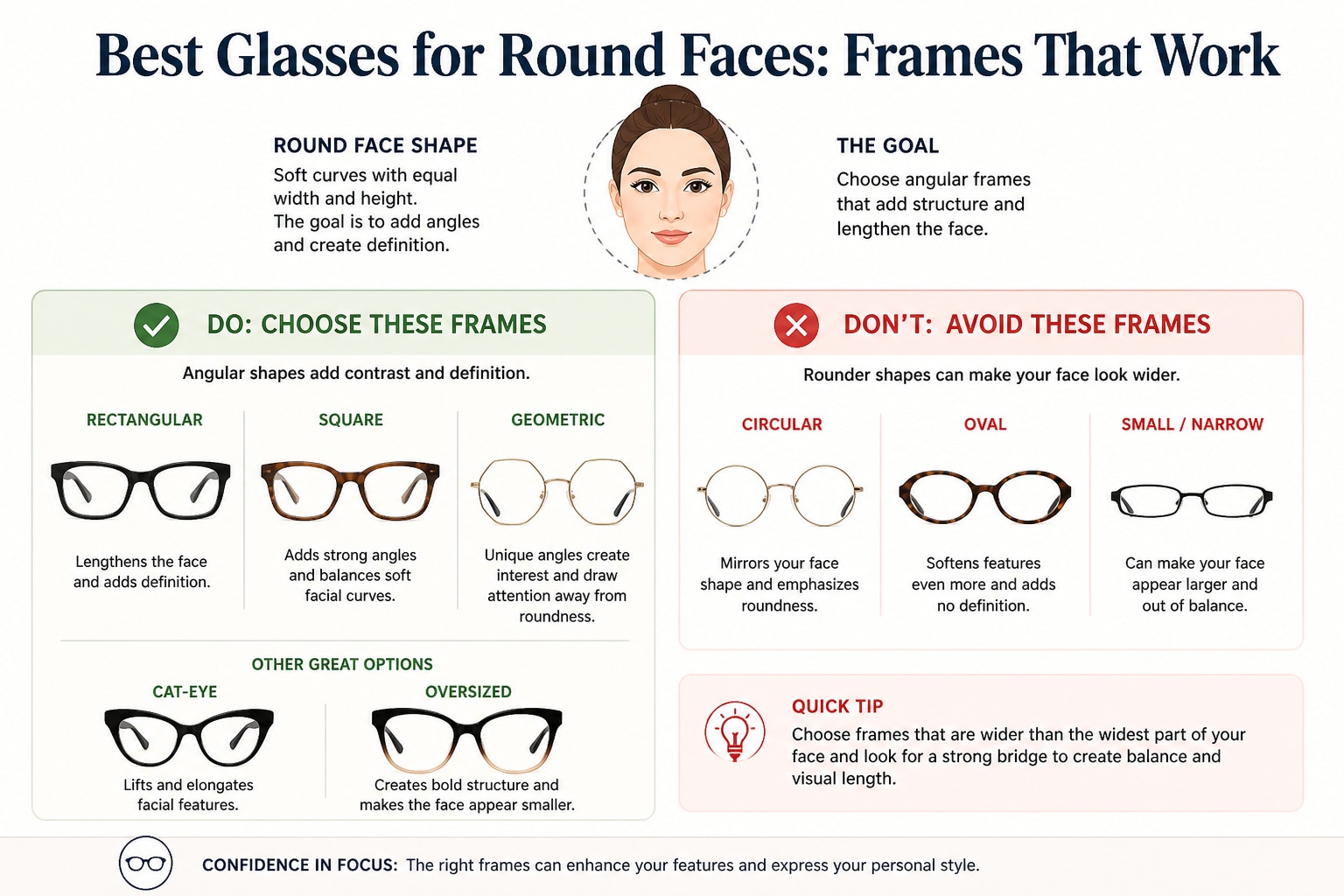 Best glasses frame styles for round face shapes showing rectangular and square as top choices with round and oval as styles to avoid