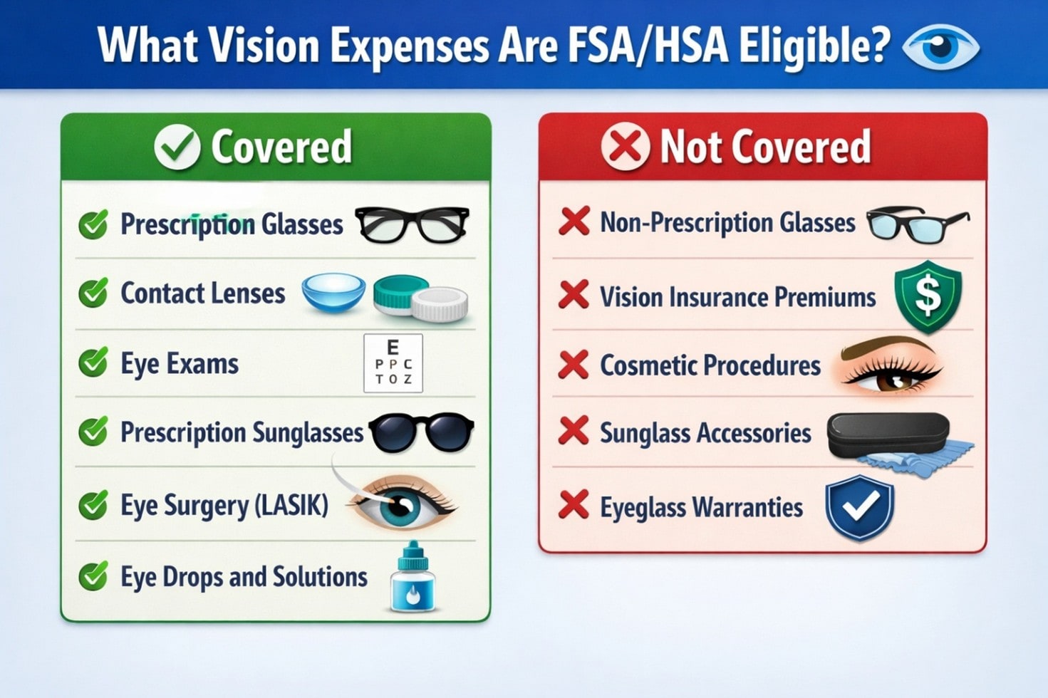 FSA and HSA eligible vision expenses chart including glasses, contacts, and eye exams