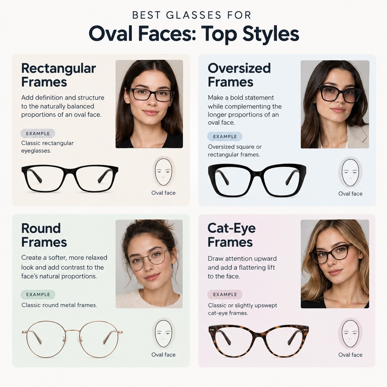 Best glasses frame styles for oval face shapes including rectangular, oversized, round, and cat-eye with style notes and face shape rationale