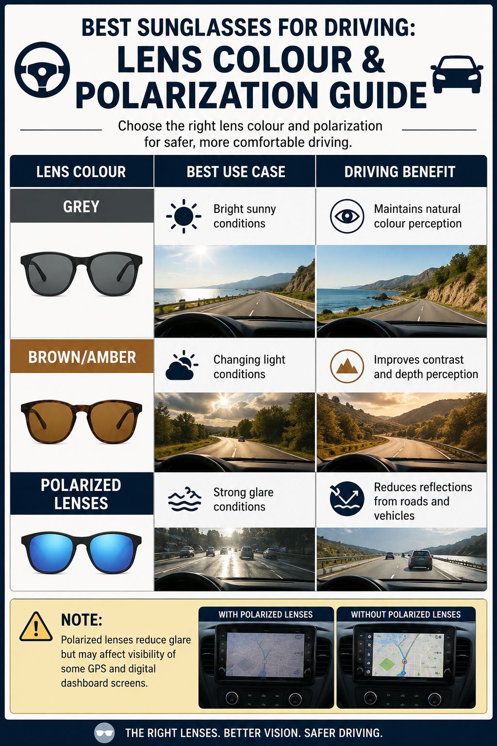 Driving sunglasses guide comparing grey and brown/amber lens colours with polarization benefits and limitations for GPS and dashboards