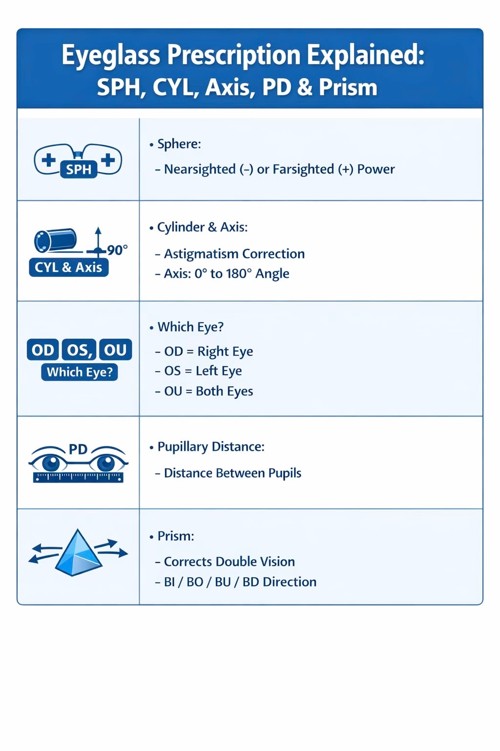 Visual breakdown of eyeglass prescription terms including SPH, CYL, Axis, PD, and Prism
