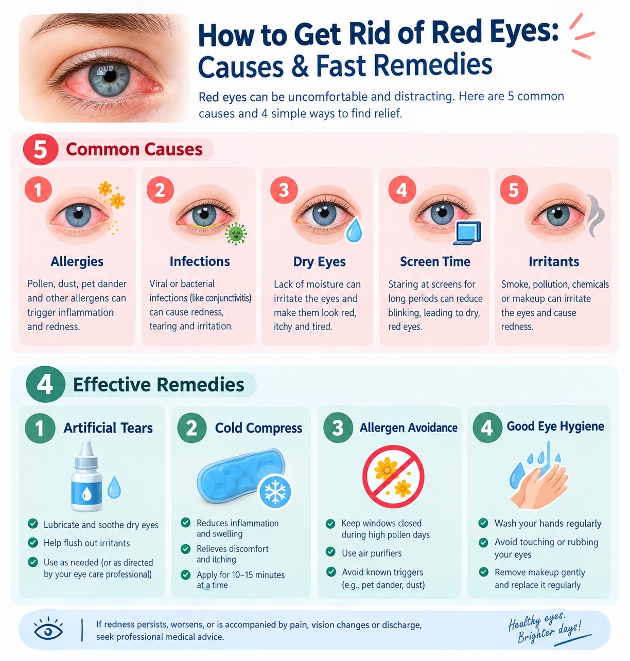 Red eyes guide showing five common causes and four remedies including artificial tears, cold compress, and allergen avoidance