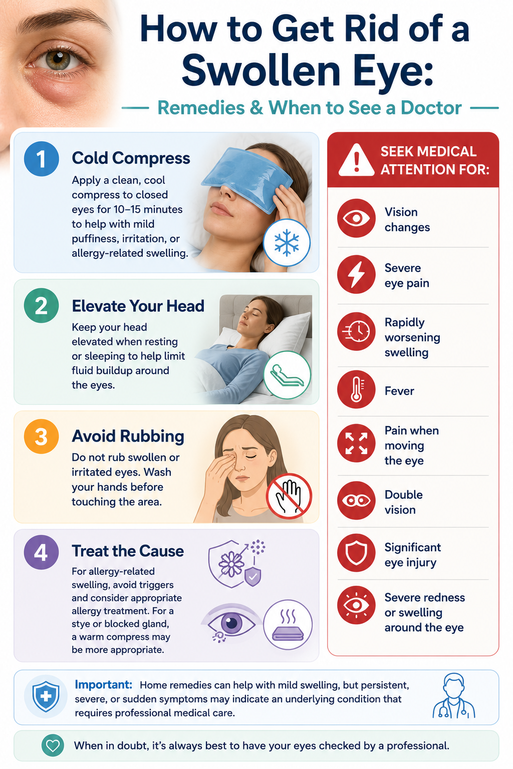 Swollen eye guide showing four home remedies including cold compress and elevation with warning signs that require medical attention