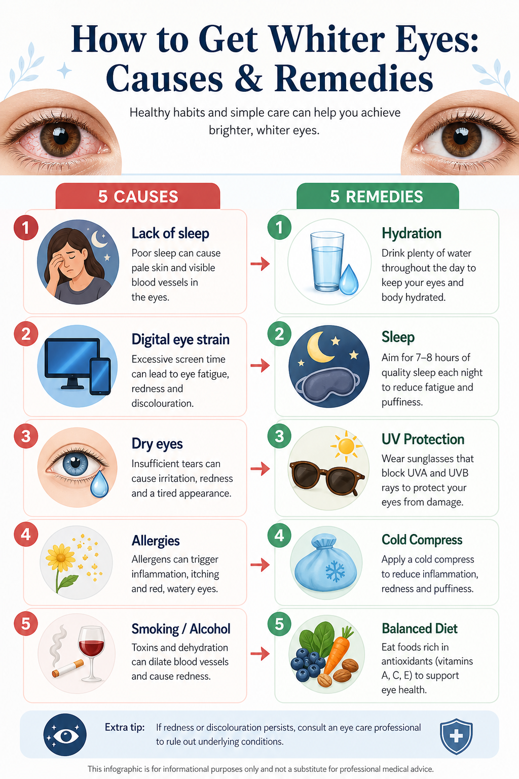 Guide to getting whiter eyes showing five common causes of discolouration and five evidence-based remedies