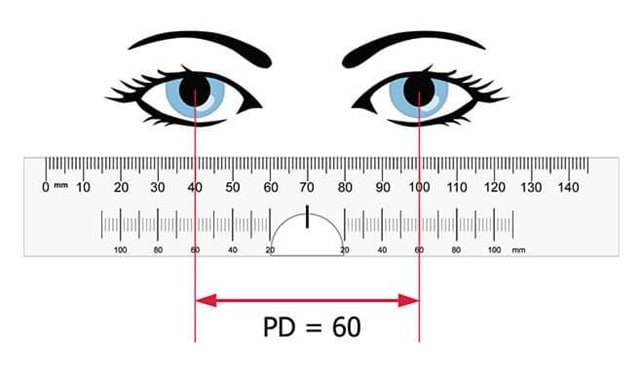 Close-up of pupillary distance measurement showing ruler aligned with pupils