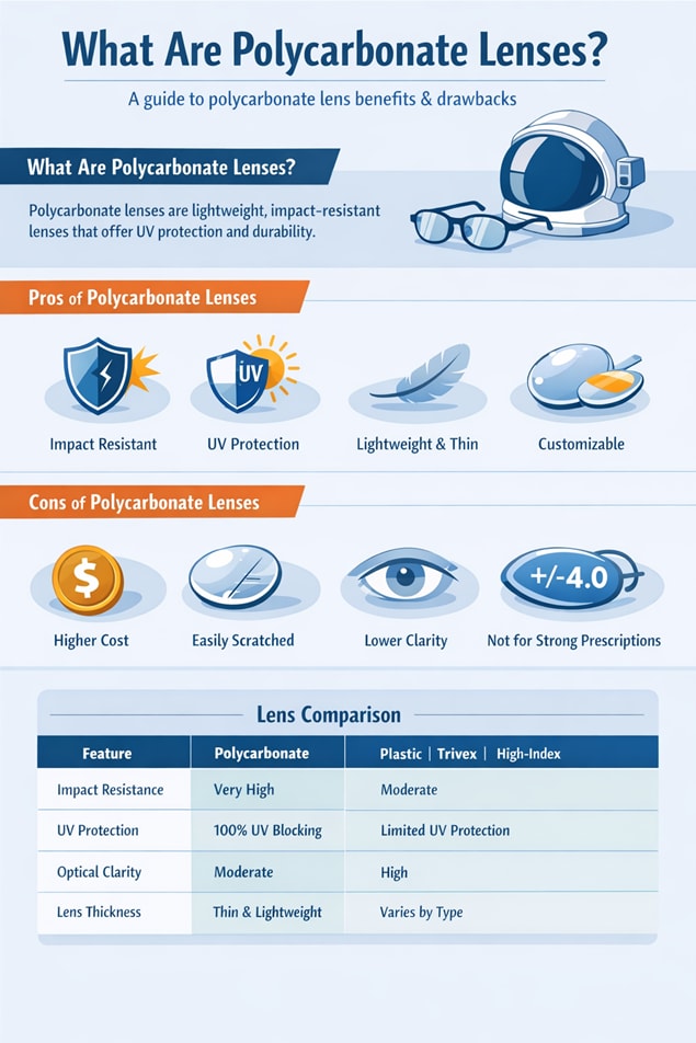 Polycarbonate lens comparison with plastic, high-index, Trivex, and glass lenses