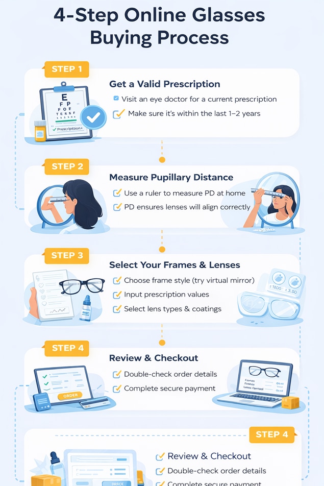 Step-by-step infographic showing how to order prescription glasses online including prescription input, PD measurement, frame selection, and checkout process