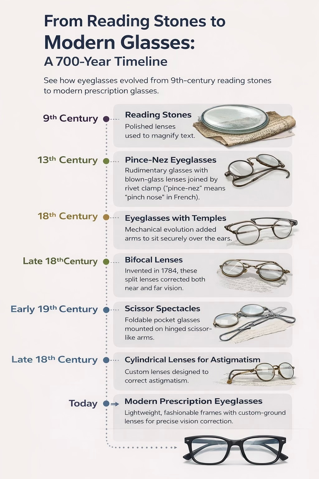 Timeline showing when glasses were invented